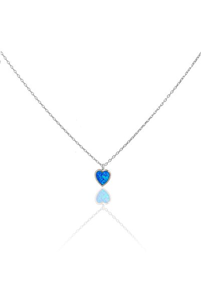 Spossy Silver Jewelry 925 Ayar Gümüş, Silver, Mavi Opal Taşlı Minimal Kalp Kolye