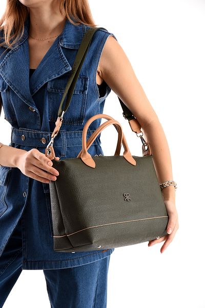 ImPolo Sami Khaki Green Tan Embossed Print Women's Shoulder and Shoulder Bag 27X40 Size