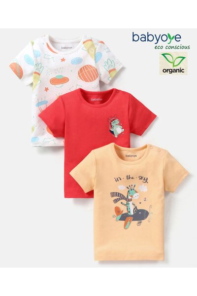 Babyoye 100% قطن عضوي نصف كم بطبعة زرافة وكوكب من جيفا إيكو، عبوة من 3 قطع - ...