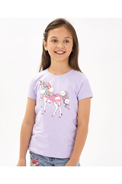 Primo Gino تي شيرت من مزيج القطن بأكمام نصفية وطبعة يونيكورن مع حبات الترتر و...