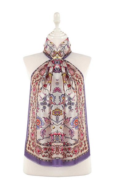 Bursa İpek Lilac Lilyum Pattern Voile Silk Scarf