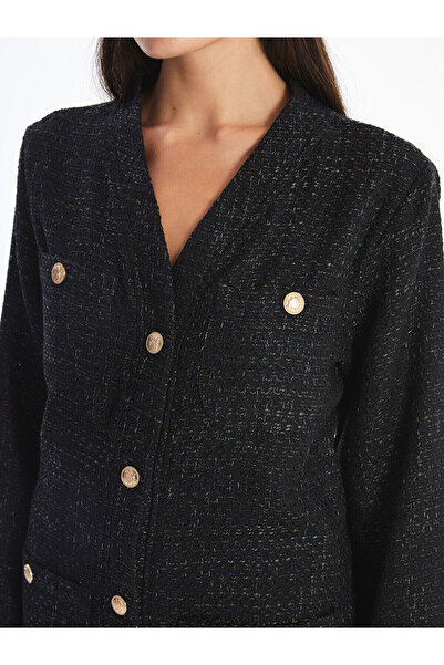 LC Waikiki LCWAIKIKI Класическо тъмносиньо карирано дамско сако с V-образно деколте от туид