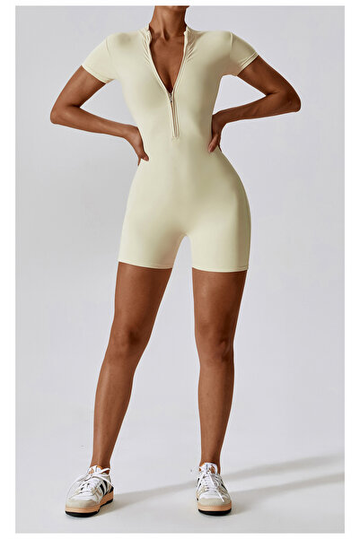 YUNASPORT Kadın Fermuarlı Kısa Spor Tulum