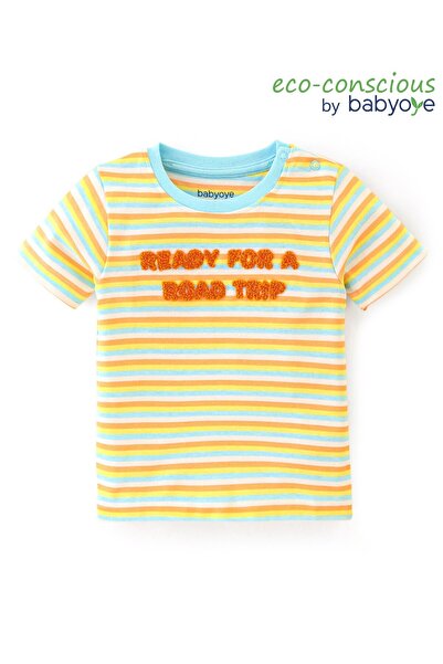 Babyoye تي شيرت مخطط بأكمام نصفية من القطن بنسبة 100% مع لمسة نهائية صديقة لل...