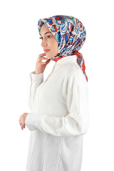 Bursa İpek Red Flower Pattern Voile Silk Scarf