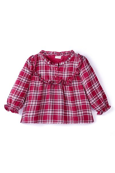 Babyhug 100% Rayon Full Sleeves Yarn-Dyed Checks Top with Frill & Lace Detailing - Red