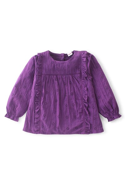 Babyhug Babyhug 100% Cotton Full Sleeves Shiffli Top with Frill Detailing - Voilet