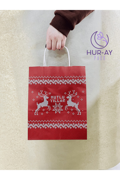 HUR-AY PACK 6 ADET-YILBAŞI ÖZEL-MUTLU YILLAR - GEYİKLİ- KIRMIZI HEDİYELİK KAĞIT / KARTON ÇANTA / 25X31  CM