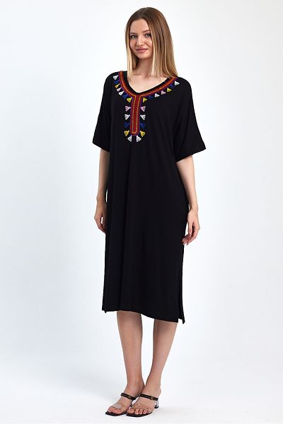 Denismoda Ethnic Embroidered V-Neck Women's Combed Cotton Dress - Pocketed