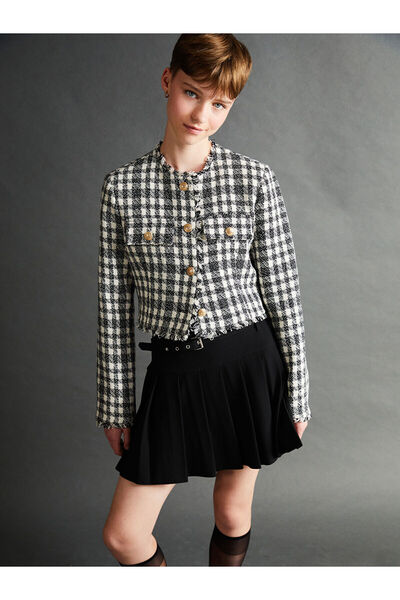 LC Waikiki Black Crew Neck Plaid Women's Jacket