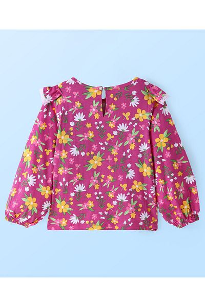 Pine kids Cotton Knit Peasant Sleeves Lace & Frill Detailing Floral Printed Top - Dark Pink