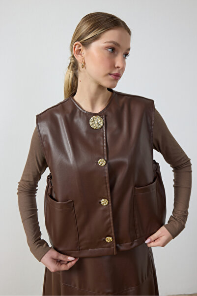 Birgül Bektaş Acı Kahverengi Cep Detaylı Deri Yelek