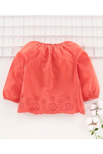 Babyhug Babyhug Peasent Sleeves Top with Schiflli Floral Embroidery - Coral