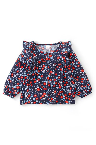 Babyhug Babyhug Rayon Knit Full Sleeves Frill Top With Floral Print - Navy Blue