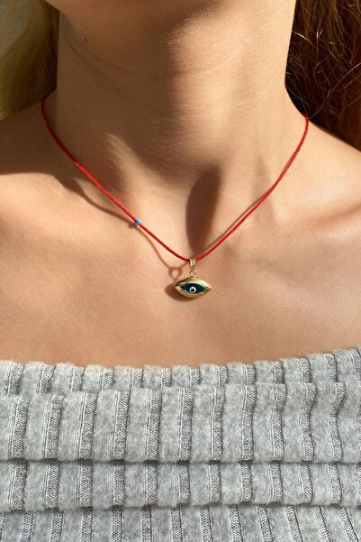 Spossy Silver Jewelry 925 Ayar Gümüş, 14 Ayar Gold, Oval Nazar Cam Göz Kırmız...