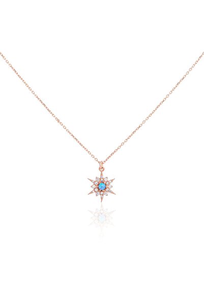 Spossy Silver Jewelry 925 Ayar Gümüş, Rose, Güneş Açık Mavi Opal Taşlı Kolye