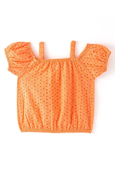 Babyhug Babyhug Cotton Half Sleeve Schiffli Top With Bow Applique - Orange