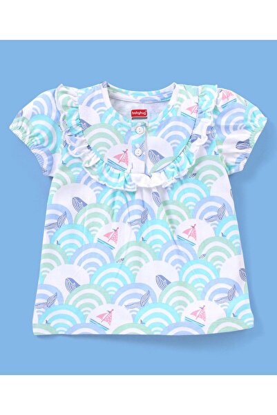Babyhug Babyhug 100% Cotton Knit Puffed Sleeves Tee With Frill Detailing Sea Waves Print- White