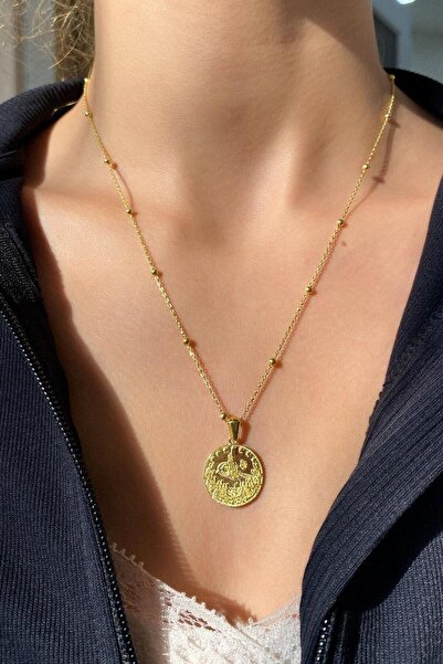 Spossy Silver Jewelry 925 Ayar Gümüş, Gold, Çift Taraflı Yuvarlak Madalyon Kolye