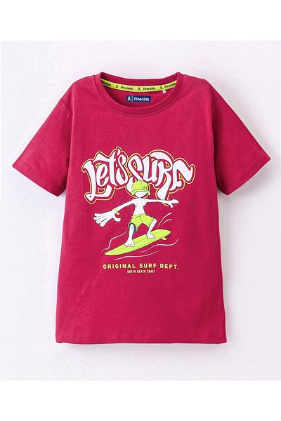Pine kids Pine Kids 100% Cotton Half Sleeves Biowashed T-Shirt Text Print - Red