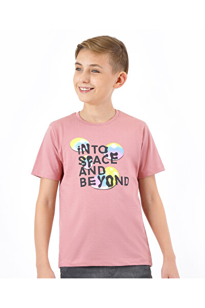 Primo Gino تي شيرت نصف كم مصنوع من القطن بنسبة 100% مع طباعة نصية - وردي