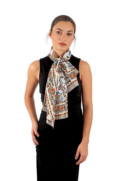 Bursa İpek Beige Lilies Pattern Voile Silk Scarf