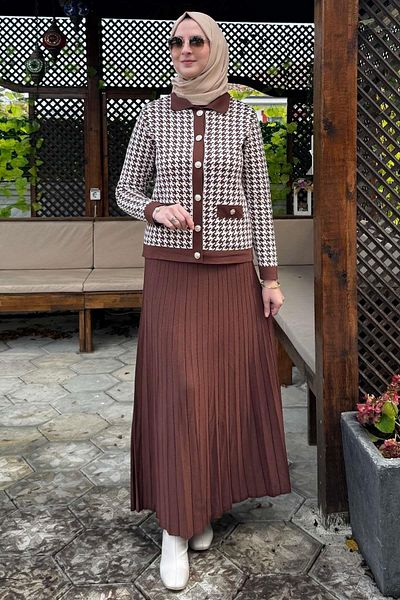 Rabia Şamlı Πλεκτό Σετ Ζακέτα Houndstooth - Καφέ