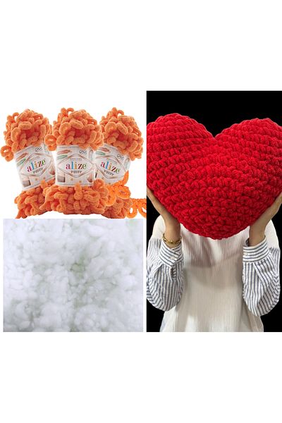 Alize Σετ 3 μαξιλαριών Puffy Heart - 336 πορτοκάλια και 400gr Fiber Beads