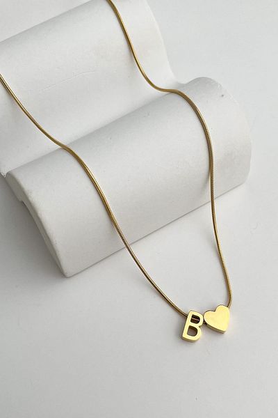 Modex Steel Heart Detailed Letter B Necklace (45Cm+5Cm)