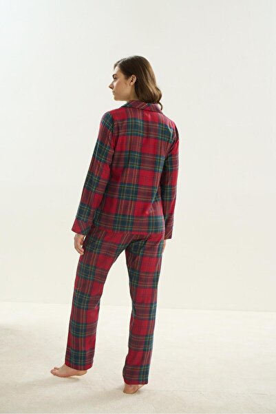 Sevim Γυναικείο μακρυμάνικο μπροστινό κόκκινο κοστούμι πιτζάμες 40261