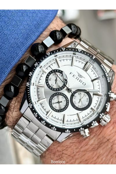 FERRO Brand Functions Active Steel Band, Silver Color, White Dial Men's Wrist Watch + Bracelet Gift