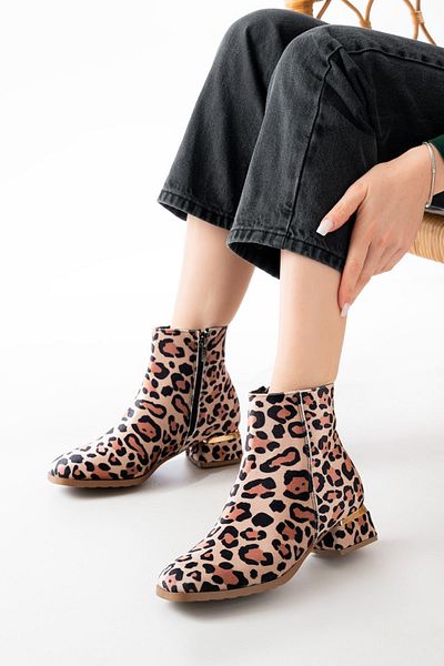 İNFON INFON RM-500 Leopard Heeled Daily γυναικείες μπότες με φερμουάρ
