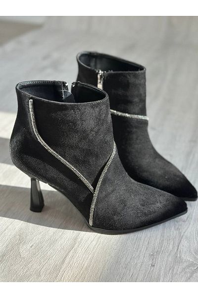 SHOEBOURNE Black Suede Stone Detailed Thin Heeled Boots