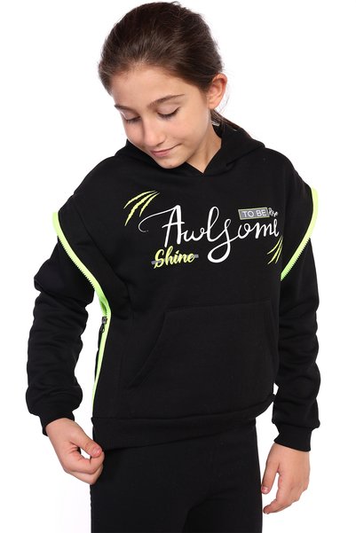 Toontoy Girl's Hooded Zipper Detailed Printed Sweatshirt