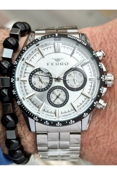 FERRO Brand Functions Active Steel Band, Silver Color, White Dial Men's Wrist Watch + Bracelet Gift