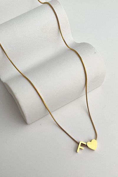 Modex Steel Heart Detailed Letter F Necklace (45Cm+5Cm)