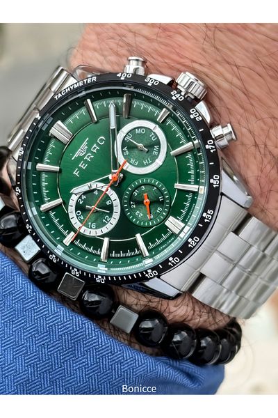 FERRO Brand Functions Active Steel Band, Silver Color, Green Dial Men's Wrist Watch + Bracelet Gift