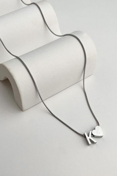 Modex Steel Heart Detailed Letter K Necklace (45Cm+5Cm)