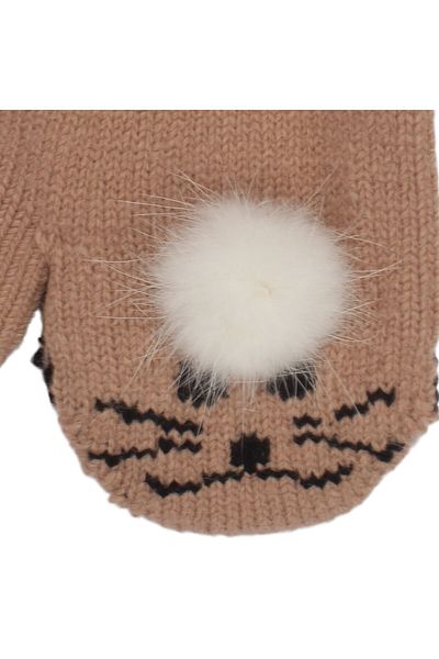 bebegen Baby Girl Brown Cat Pompom Fingerless Knitwear Gloves 1-3 Years