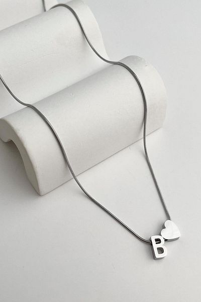 Modex Steel Heart Detailed Letter B Necklace (45Cm+5Cm)
