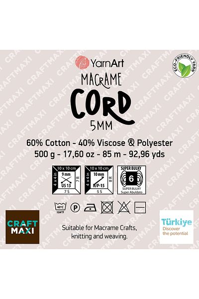 Yarnart Κορδόνι Macrame 5 Mm - Μακραμέ Χειροποίητο Νήμα Πλεξίματος Λευκό-751
