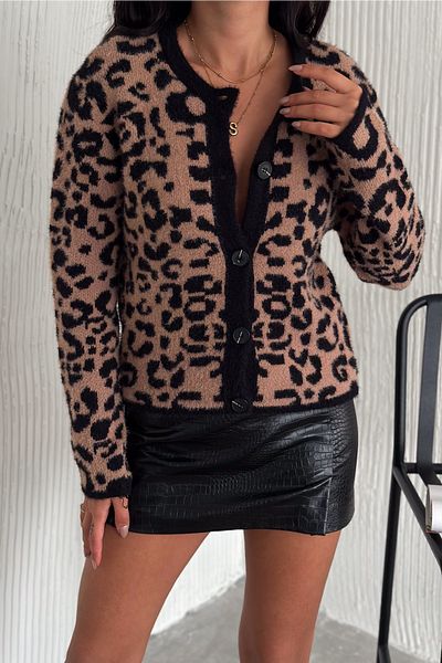FEMELLE Cardigan de damă, maro, mărime standard, cu nasturi, cu model leopard