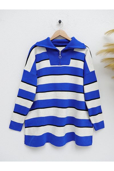 Modamorfo Turtleneck Knitwear Tunic - Half Zipper, Sax Color