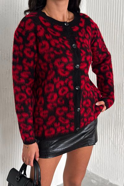 FEMELLE Cardigan de tricotaj premium pentru damă, burgundy, mărime standard, cu model leopard