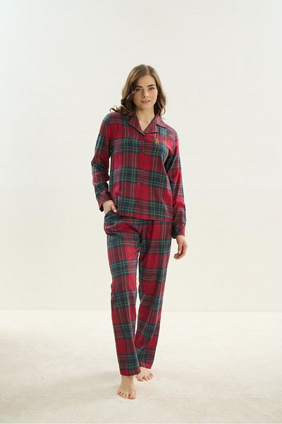 Sevim Costum de pijama roșu cu mânecă lungă, cu nasturi în față, 40261