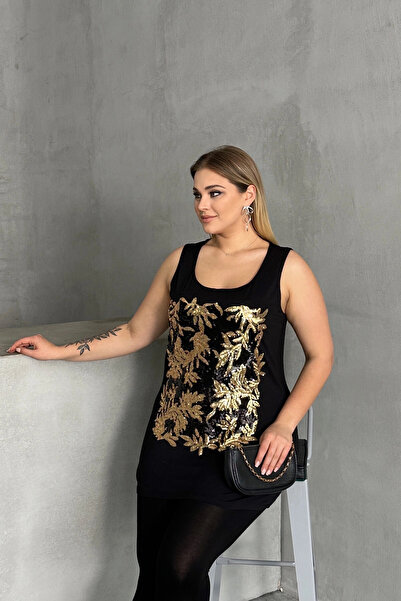 Stil Diva Büyük Beden Bisiklet Yaka Kolsuz Payetli Bluz 303102