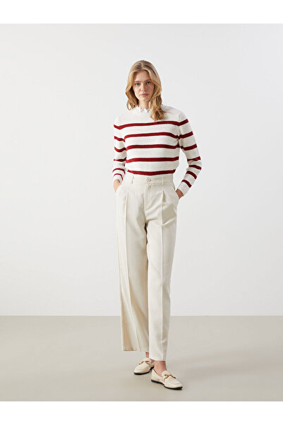 LC Waikiki Red Mock Neck Striped Women's Knitwear Sweater