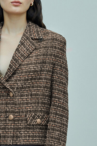 W Collection Khaki Color Gold Button Detailed Short Tweed Jacket