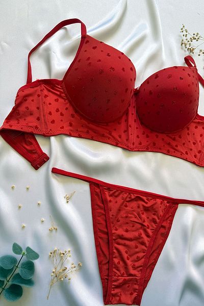 ifondi Red Heart Flock Patterned Bustier and Bra Set