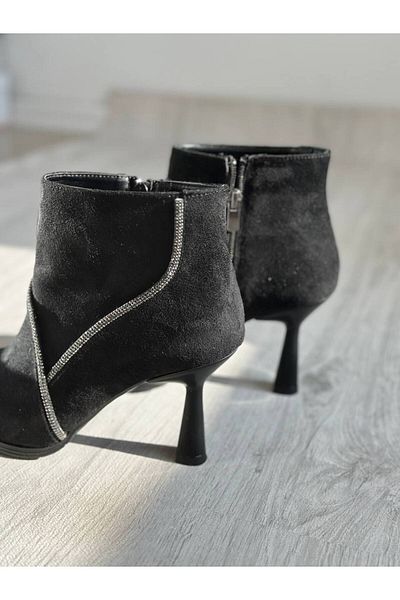 SHOEBOURNE Black Suede Stone Detailed Thin Heeled Boots